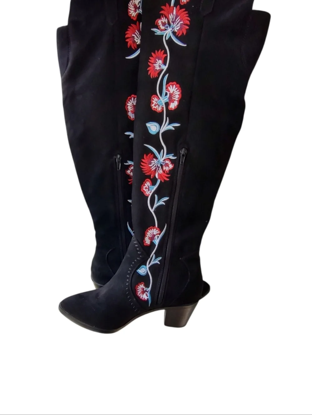 Carlos Santana Black Over-the-Knee Boots with Red and Blue Floral Embroidery
